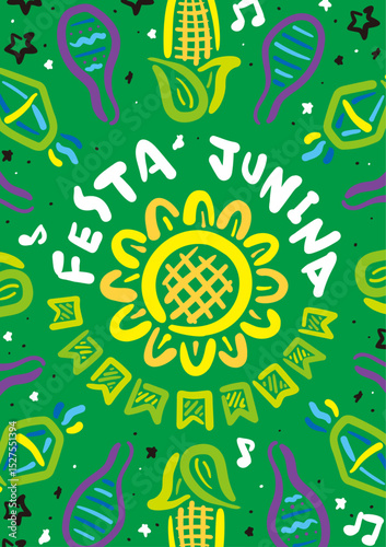 Festa Junina illustration poster.Colorful hand drawn style.