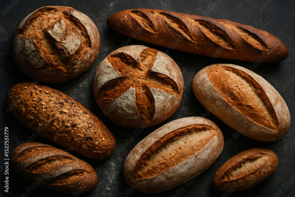 Obraz premium Assorted breads and rolls displayed on a black background.