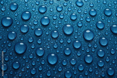 Water drops shimmer on a blue surface, creating a mesmerizing pattern with reflections and refracted light.