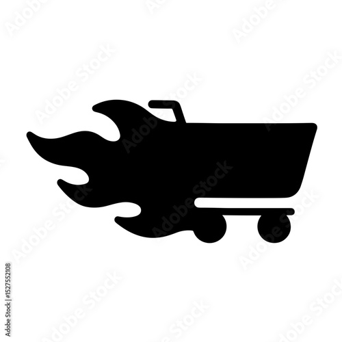 Shopping cart with flames representing hot sale – solid black icon