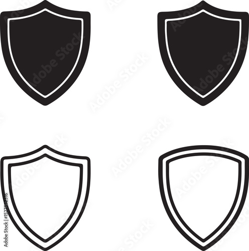 A classic set of shiny silver security shields with a chrome frame design, ideal as a protection emblem or heraldic crest vector illustration