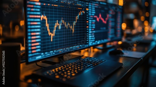 Multiple computer screens display stock market charts
