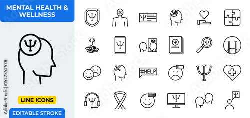 Mental Health & Wellness Line Icons Set - Psychology, Mind Care, and Emotional Support Vector Symbols for Healthcare
