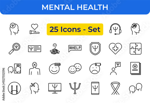 Mental Health 25 Icons Set - Psychological Well-being, Therapy, and Support Line Vector Symbols for Healthcare