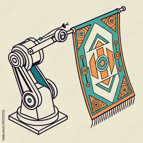 Illustration of a robotic arm holding a patterned rug with fringe against a neutral background