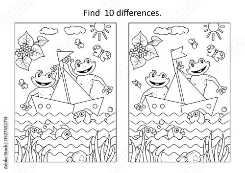 Difference game with frogs the sailors, sailboat, pond scene, fish
