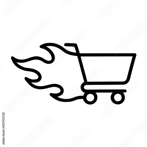 Shopping cart with flames representing hot sale – outline icon