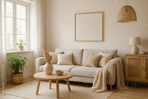 White couch and wooden coffee table in a modern living room with natural light, pot plants, and cozy throws.