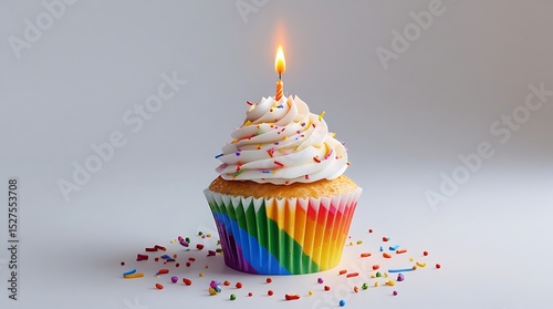 Colorful birthday cupcake with rainbow liner, white frosting, vibrant sprinkles, and a lit candle, symbolizing celebration and LGBTQ+ pride, isolated on white for festive design use