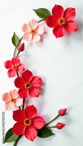 Stunning handcrafted floral display Red, pink, peach blossoms on a white backdrop , wedding, luxury