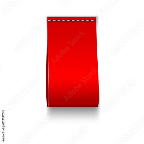 Red textile loop label sewn vertically, vector realistic cloth fabric tag with stitches, cotton or silk badge mockup