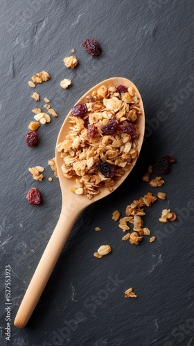 A spoonful of granola is on a black surface