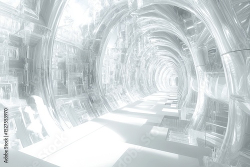 A futuristic, translucent tunnel.  Light streams through intricate, arched structures