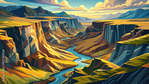 Rugged aerial landscape of Fjadrargljufur Canyon in Iceland. Dramatic cliffs, winding river, and striking natural formations under a clear sky, vector illustration