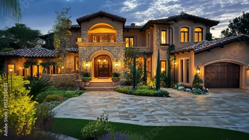 Wallpaper Mural A luxurious Mediterranean-style house with warm lighting, surrounded by lush gardens and colorful flowers. The sky is partly cloudy at dusk. Generative 4k video. Torontodigital.ca