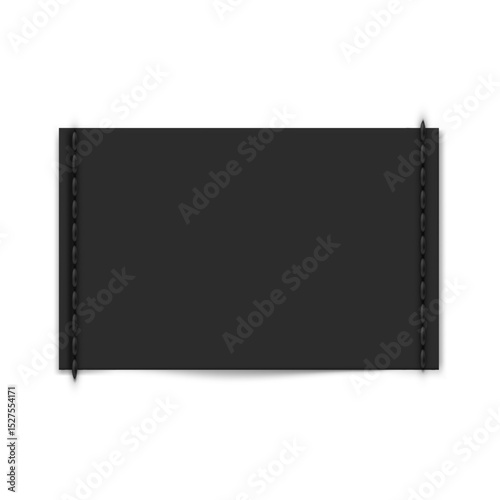 Black rectangular textile label with stitched edges. Realistic vector illustration.