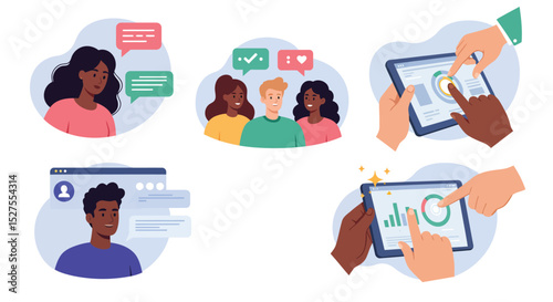 Diverse group of business professionals collaborating in an office setting with speech bubbles indicating communication