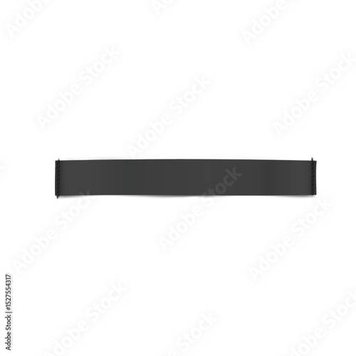 Black textile tape label, fabric ribbon tag, vector realistic cloth label with stitches, cotton ribbon badge mockup