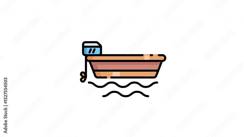 animation of Brown fishing boat with a blue motor on water.