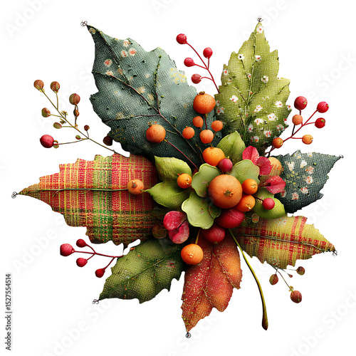 Textile Autumn Leaves and Berries Arrangement with Embroidered Details and Fabric Texture photo
