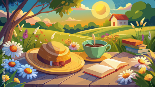 Beautiful summer composition with fresh chamomile flowers in a cup, an old book, and a braided hat placed in a sunny garden