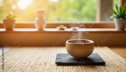 Wallpaper Mural Warm bowl of herbal tea with steam on a wooden table by the window   Torontodigital.ca