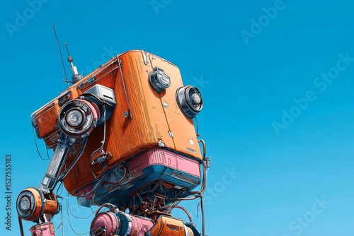 Robot in pop art style, bright texture with orange and pink tones on bright blue background.