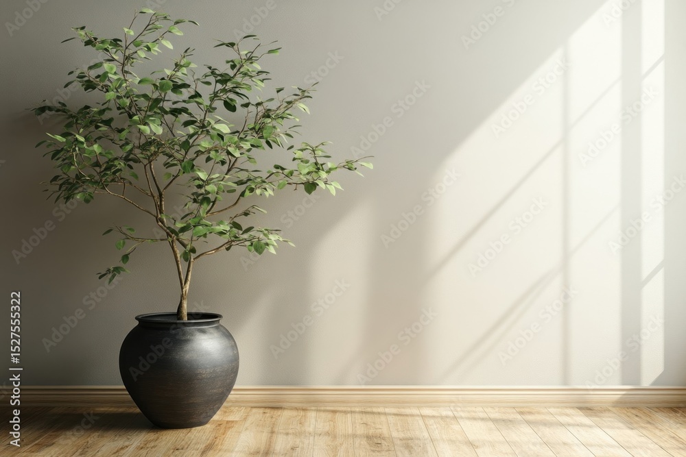 Minimalist room with potted plant. Sunlight streams in, highlighting the greenery. Simple, clean aesthetic Minimalist room with potted plant. Sunlight streams in, highlighting the greenery. Simple, clean aesthetic