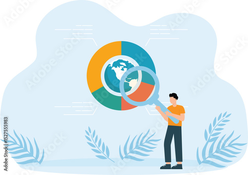 World finance or economy global portfolio asset allocation, world stock market investment international market share pie chart, businessman working with computer laptop on world pie chart.
