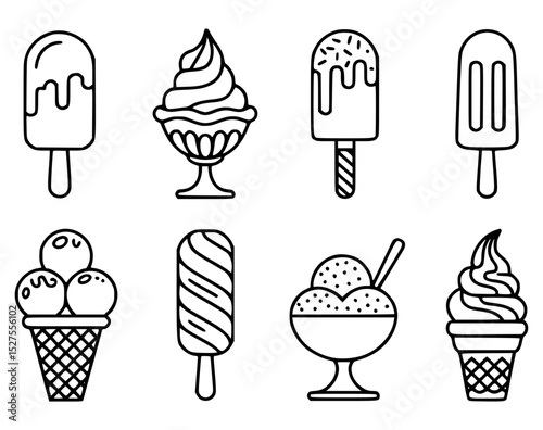 Collection of black and white outlined ice cream illustrations