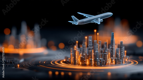 Futuristic digital cityscape with glowing skyscrapers and a wireframe airplane flying above symbolizing advanced technology and smart urban development photo