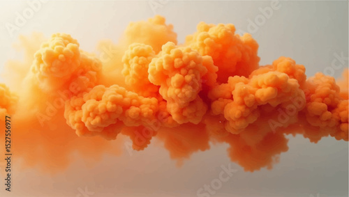 A vivid plume of orange smoke billowing dramatically into the air, illuminated by soft sunlight, creating a surreal and atmospheric effect. The texture of the smoke is thick and cloud-like, 
