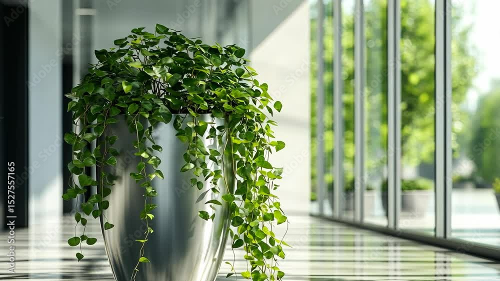 A sleek modern planter with cascading vines styled in a bright atrium.