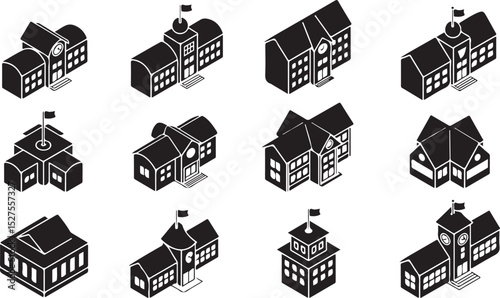 School Building Silhouette Set with Tower Clock Art Design, Perfect for Education Campus Decor and Learning Structure Illustration
