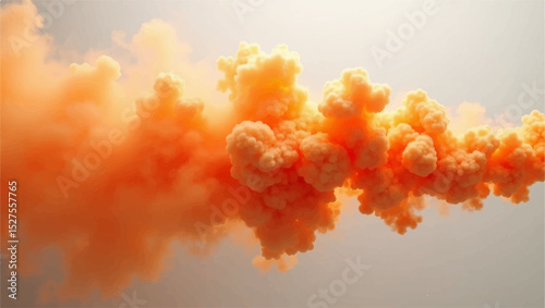 A vivid plume of orange smoke billowing dramatically into the air, illuminated by soft sunlight, creating a surreal and atmospheric effect. The texture of the smoke is thick and cloud-like, 