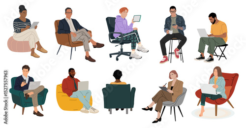 Vector set of diverse people in smart casual outfits sitting on chairs, armchairs, stools, working on laptops, tablets, or smartphones. Isolated on transparent background