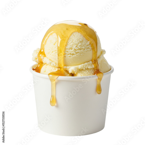 Creamy vanilla ice cream dripping with golden syrup in a white cup, perfect for desserts