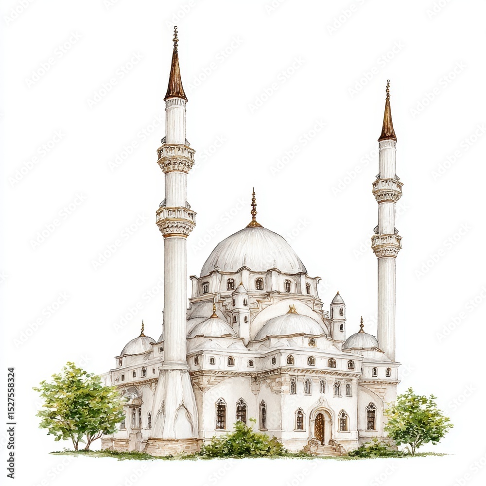 Fototapeta premium Watercolor illustration of a majestic mosque with minarets and domes.