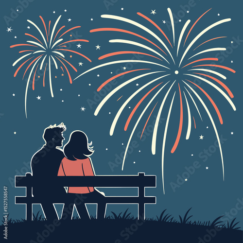 A couple watching fireworks on a bench under a starry night sky with colorful explosions above them all night