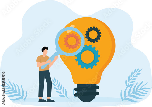 Product development and research and optimization for new product launch development process, management or productivity, businessman with magnifying glass with light bulb idea with gears.
