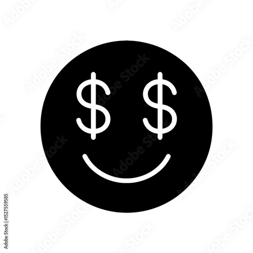 Smiley face with dollar eyes representing financial happiness – solid black icon