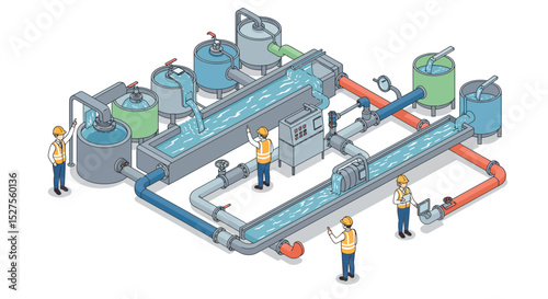Industrial water treatment system with engineers in safety gear vector illustration