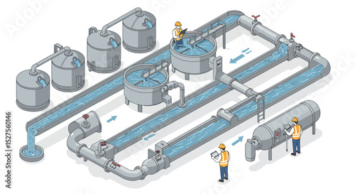 Workers in a water treatment plant overseeing filtration process in industrial facility vector illustration
