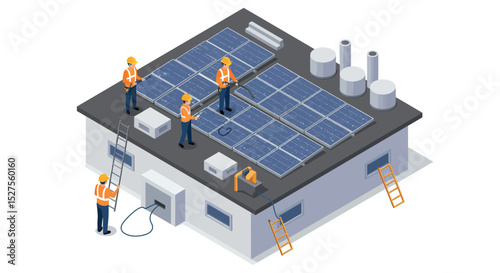 Team of engineers installing solar panels on industrial building rooftop vector illustration