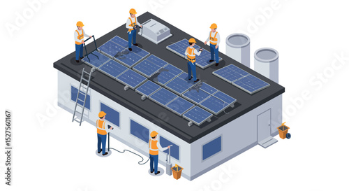 Workers installing solar panels on industrial rooftop for renewable energy project vector illustration