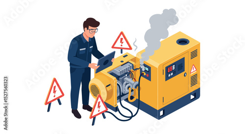 Male technician operating generator with safety signs and laptop monitoring vector illustration