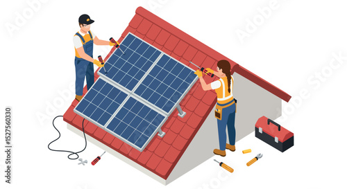 Two workers installing solar panels on a rooftop vector illustration
