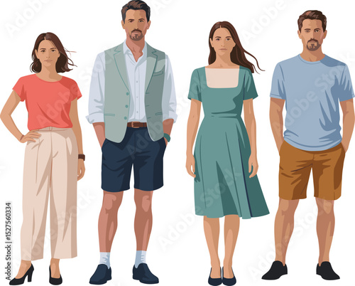 Modern people in summer casual clothing, fashion illustration, trendy outfit group, relaxed style, warm weather attire, lifestyle, standing pose