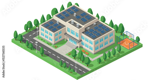 Modern eco-friendly school with solar panels and basketball court in lush green environment vector illustration