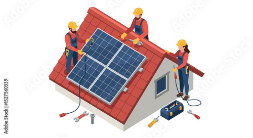 Caucasian workers installing solar panels on roof vector illustration